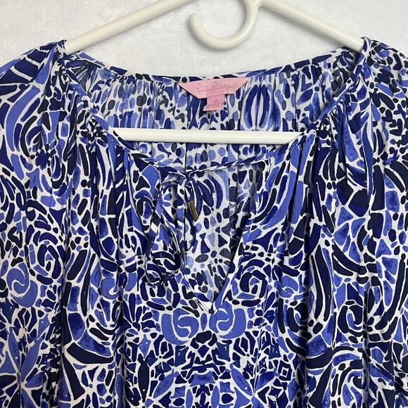 Lilly Pulitzer Willa Peasant Blouse Womens Size Medium Blue Black Beach Summer - Picture 2 of 12